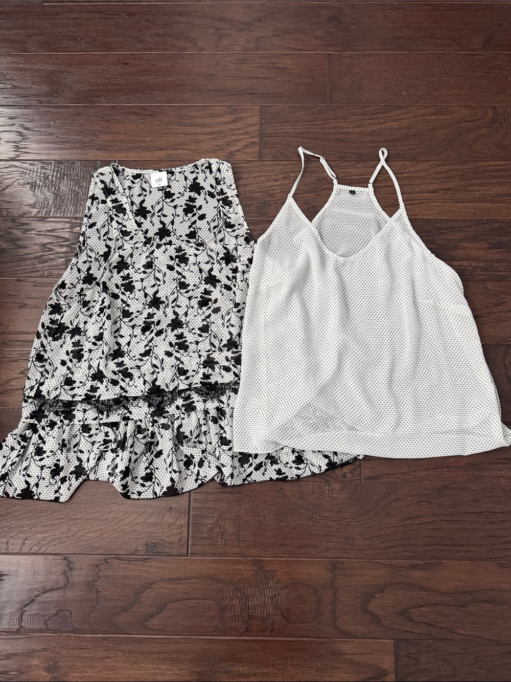 CAbi Black & White Floral Tiered Skirt with White Polka Dot Tank style# 5907